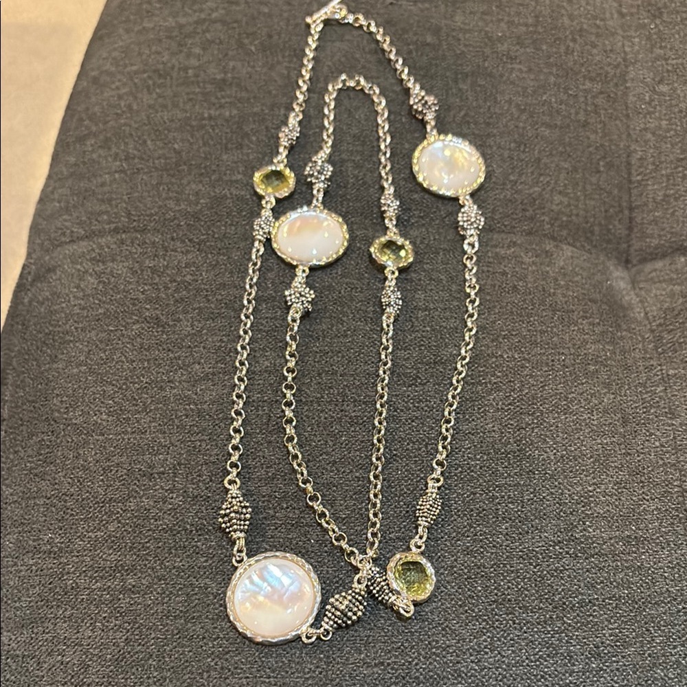 MICHAEL DAWKINS 24"COIN PEARL BRIOLETTE LIMON QUARTZ STERLING NECLACES 53.6GRAM